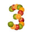 Numeral three of multi-colored fruits, collage isolated on white background