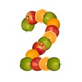 Numeral two of multi-colored fruits, collage isolated on white background