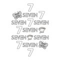 Numeral and word seven, butterfly, flowers. Coloring page.