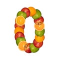 Numeral zero made of colorful fruits, collage isolated on white background