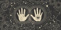 Numerology Vintage poster, palm with astrological symbols and eye symbol, palmistry. Concept banner of the secrets of