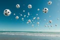 Numerous balls float in the air above a beach, creating a unique spectacle, A surrealistic rendition of time-lapse shots, Royalty Free Stock Photo