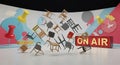 Many chairs falling in front of an ONAIR sign with pushpins furniture airborne Royalty Free Stock Photo