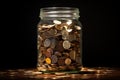 Numerous Coins inside glass jar. Generate Ai Royalty Free Stock Photo
