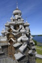 Domes and crosses of medieval wooden Church of the Transfiguration of the Lord built in 1714 on Kizhi Island on Onega Lake Royalty Free Stock Photo