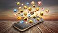 Numerous emojis float above a smartphone resting on a wooden surface Royalty Free Stock Photo