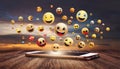 Numerous emojis float above a smartphone resting on a wooden surface Royalty Free Stock Photo