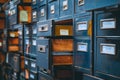 Numerous filing cabinets lined up against a wall, each cabinet filled with labeled drawers, A row of file cabinets with neatly