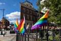 Gay Pride Rainbow Flags near the Stonewall Inn in Greenwich Village of New York City Royalty Free Stock Photo