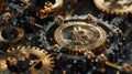 numerous gears in a complex mechanism. Metallic and gold tones emphasize themes of engineering and technology Royalty Free Stock Photo