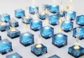 Numerous glowing blue translucent cubes with internal circuitry patterns isolated on white background Royalty Free Stock Photo