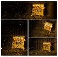 Numerous gold coins spilled out from the treasure chest. Old-style wooden treasure chest tightly assembled with rusted metal