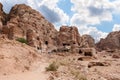 Numerous man made caves carved into rocks in Nabatean Kingdom of Petra in the Wadi Musa city in Jordan Royalty Free Stock Photo