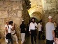 Numerous people at the entrance to the interior of the Wailing Wall in the city of Jerusalem, Israel