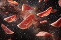 Numerous prosciutto slices suspended mid-air, A 3D rendering of prosciutto slices floating in a cosmic space