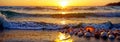 a close-up of various seashells scattered on a sandy beach, with the sun setting in the background