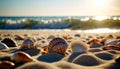 a close-up of various seashells scattered on a sandy beach, with the sun setting in the background
