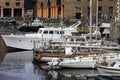 Numerous small boats berthed in the Albert Dock Liverpool visiting the Tall Ships Festival May 2018