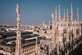 Numerous steeples with statues on Duomo di Milano main Cathedral Royalty Free Stock Photo