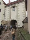 Numerous tourists walk around the city of Mayson in eastern Germany, Saxony. Directed to the ducal castle.