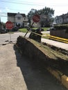 Stop Signs, Curb Destroyed By Fallen Tree, Rutherford, NJ, USA