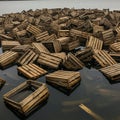 Numerous wooden crates float aimlessly on dark, reflective water, creating a chaotic Royalty Free Stock Photo