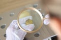 Numismatist in gloves looks through magnifying glass and evaluates ancient coins. Royalty Free Stock Photo