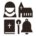 Nun, church, bible, candle and bell icons