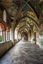 Nun in the cloister. Frescoes in the cloister.