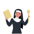 Nun holds a book of recipes for lean dishes. close-up Sister of Mercy. religious fasting in food. vector illustration