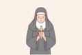 Nun praying holding catholic cross in hands and bowing to god, dressed in cassock