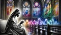 A Nun Reflecting on the Sacred Rosary in a Gothic Sanctuary with Stained Glass windows