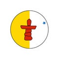 Nunavut territory of Canada flag circle vector in the north with inuksuk on yellow and white.