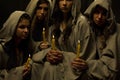 Nuns praing with candles