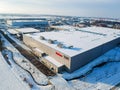 Nupaky, Czech republic - January 11, 2021. Aerial view of logistic center of Raben company in winter