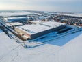 Nupaky, Czech republic - January 11, 2021. Aerial view of logistic center of Raben company in winter