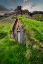 Nupsstadir Kirkja Church with roof covered with grass. Iceland