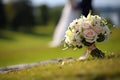 Nuptial scene Wedding bouquet rests on grass with married couple