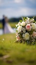 Nuptial scene Wedding bouquet rests on grass with married couple