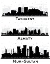 Nur-Sultan, Almaty Kazakhstan and Tashkent Uzbekistan City Skyline Silhouette Set Royalty Free Stock Photo