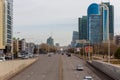 Dinmukhamed Qonayev Street with skyline of Nur Sultan, Kazakhstan.