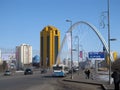 Nur-Sultan Astana , Kazakhstan, March 20, 2011. View to the city buildings and bridge over the Ishim river Royalty Free Stock Photo