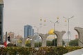 Nur-Sultan / Kazakhstan - 10.02.2020 : The dome of the building of the Central mosque behind a pile of construction objects