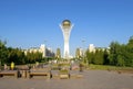 Nur-Sultan - Kazakhstan: June 10, 2021: Center of Nur-Sultan, view of Baiterek Tower in Nurjol Boulevard with many