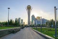 Nur-Sultan - Kazakhstan: June 10, 2021: Center of Nur-Sultan, view of Baiterek Tower in Nurjol Boulevard with walking
