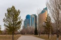 Skyline of Nur Sultan Astana, modern glass skyscrapers office buildings, Buissnes Center.