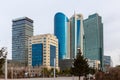 Skyline of Nur Sultan Astana, modern glass skyscrapers office buildings, Kazakhstan.