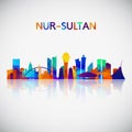 Nur-Sultan skyline silhouette in colorful geometric style.