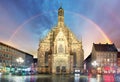 Nuremberg, cathedral Frauenkirche in Hauptmarkt wtih rainbow, Ba Royalty Free Stock Photo