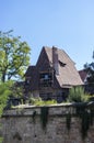 Nuremberg city wall with mayor`s tower and mayor`s garden and moat, in the background the old town